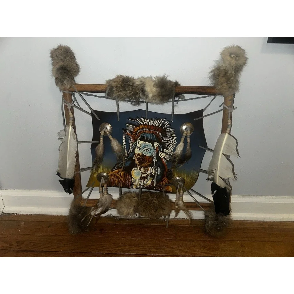 Native American Mandella Shield Hand Painted Saddle Blanket On Leather Log Frame